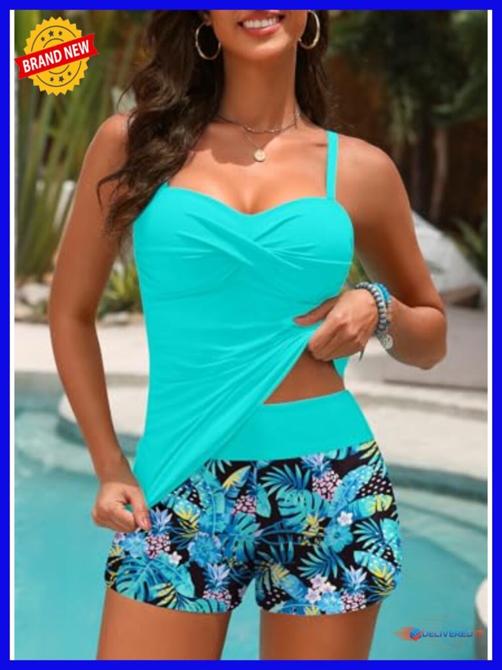 Tankini with Shorts Tummy Control Twist Bandeau Two Piece Swimwear with Pockets - Picture 6 of 6